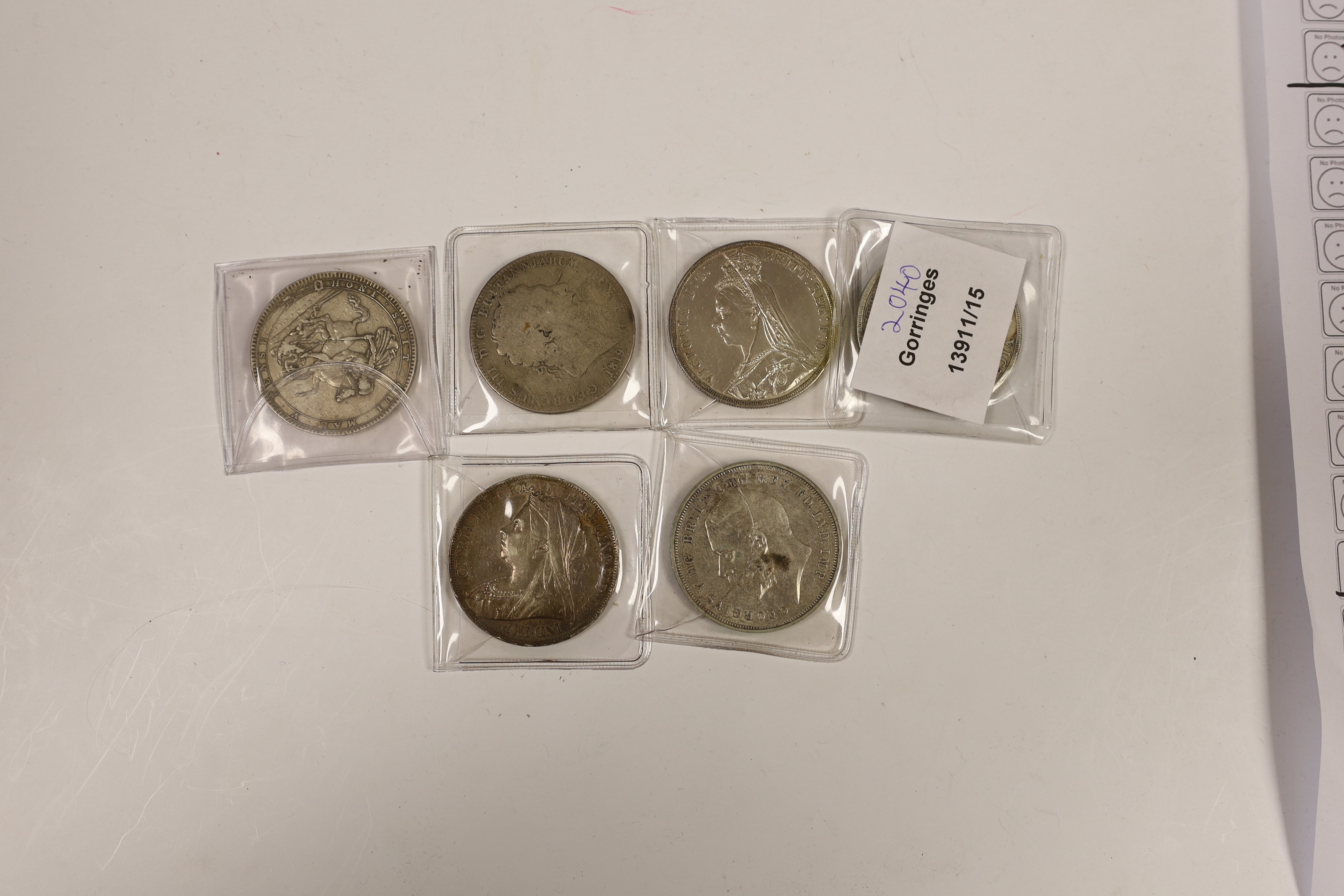 British silver crowns, George III 1820, Fine or better, 1819, Victoria 1889, good VF, 1891, 1900, VF and George V 1935